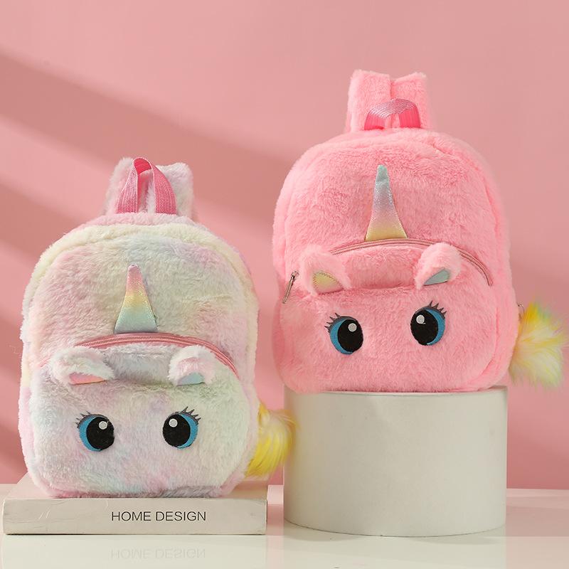 新款Unicorn独角兽彩色兔毛幻彩毛绒球双肩包儿童女孩学生书包产品图
