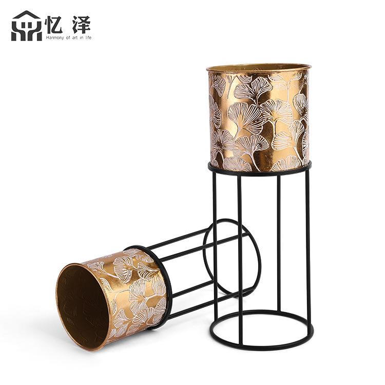 跨境银杏叶压花金色铁艺花架 套装批发圆桶客厅绿萝金属室内花架白底实物图