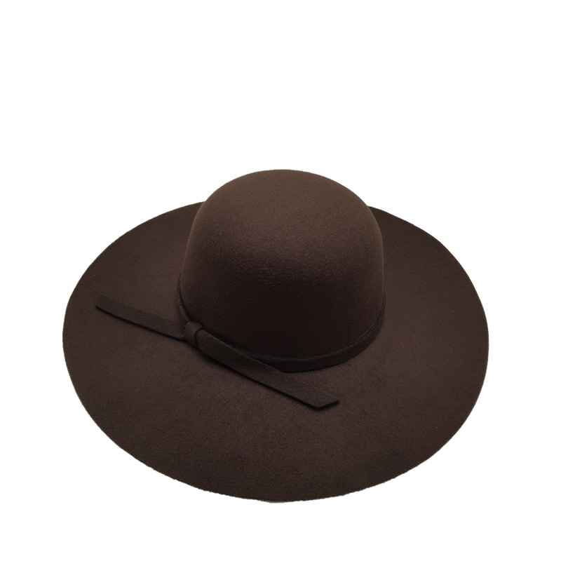 Black fisherman's hat for women, Korean autumn and winter versatile bow top hat for women, domed woolen wide-brimmed basin hat, retro style Item Picture
