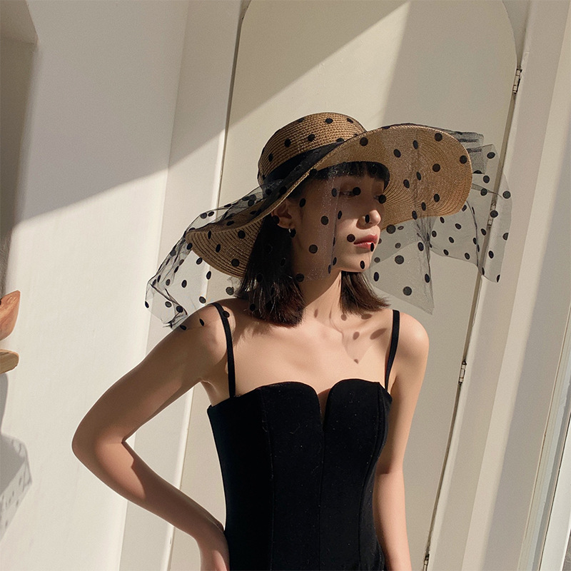 Sun hat, women's sun protection, summer thin beach straw hat, large brim lace face cover, Korean style, trendy and versatile, Japanese style details Picture