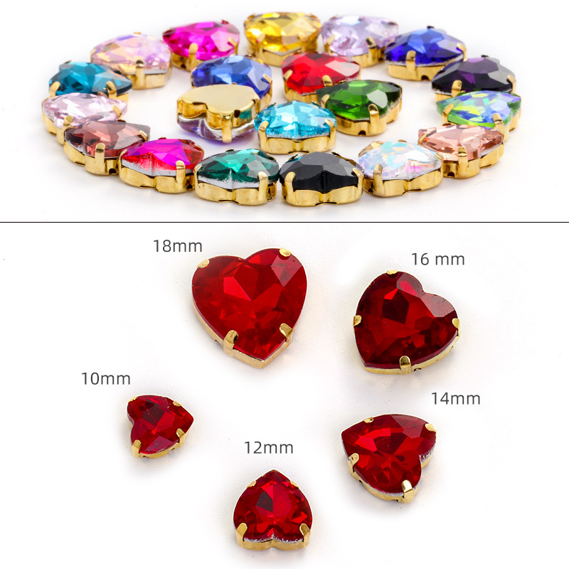 Factory wholesale of heart-shaped hand-sewn gold bottom claw diamonds, DIY wedding dress accessories, hand-sewn diamonds with holes, glass diamonds details Picture