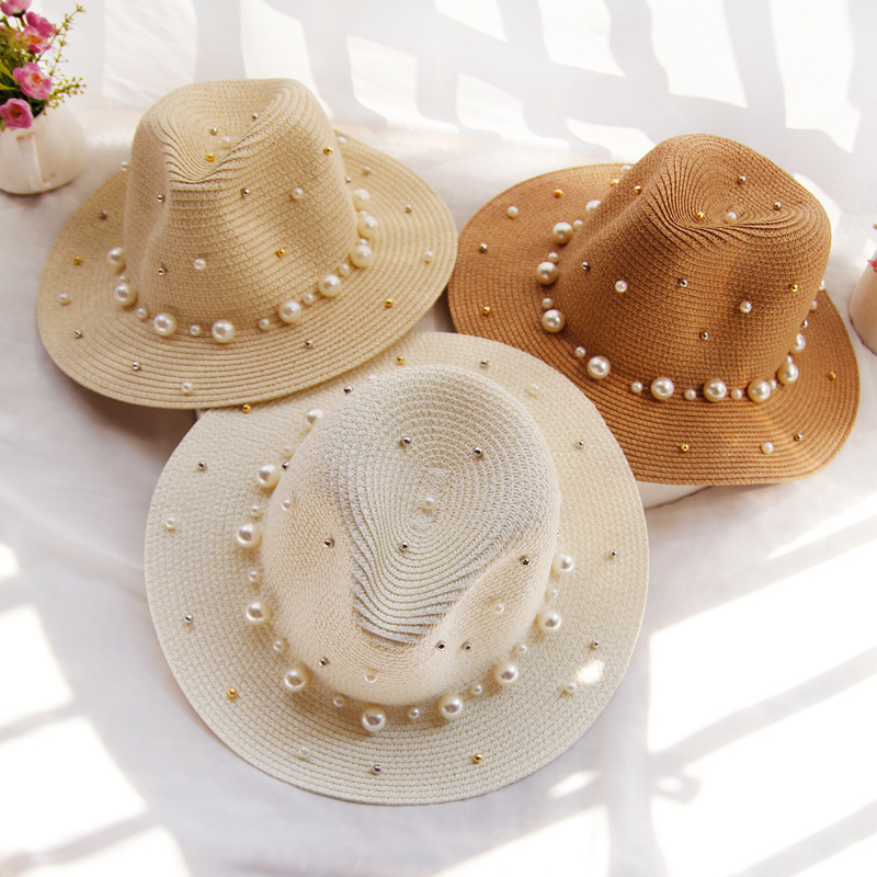 Wide-brimmed top hat, pearl sun hat, summer hat for women, Korean version, vacation and outing, beach hat, sun protection and shade hat
