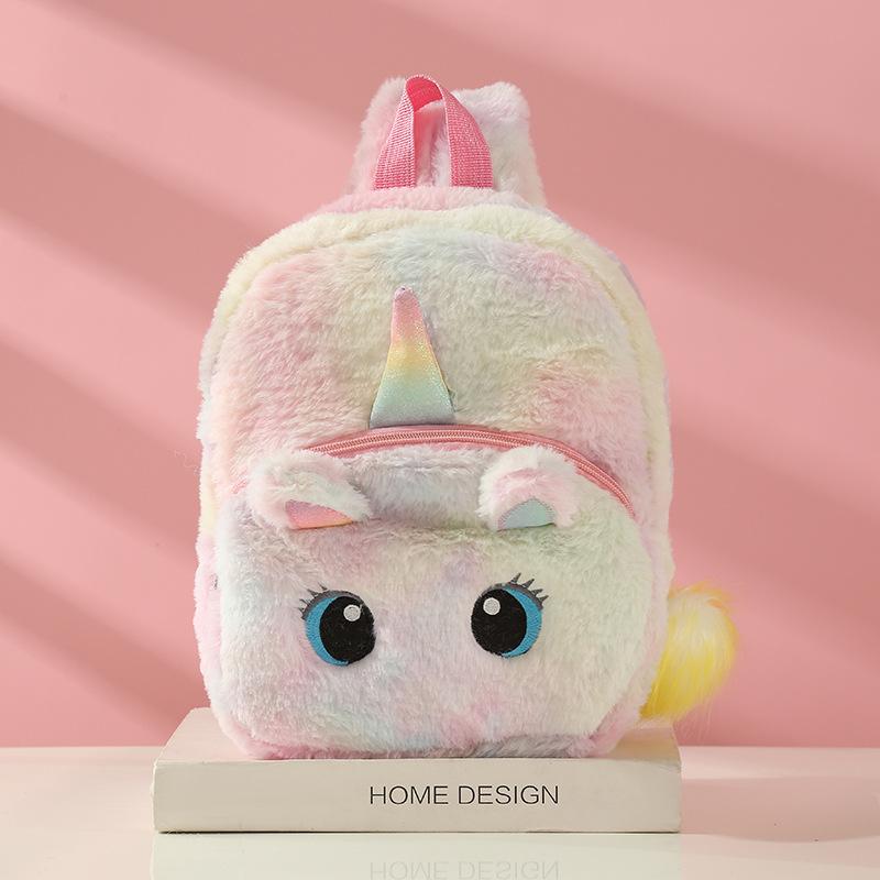 新款Unicorn独角兽彩色兔毛幻彩毛绒球双肩包儿童女孩学生书包详情图7