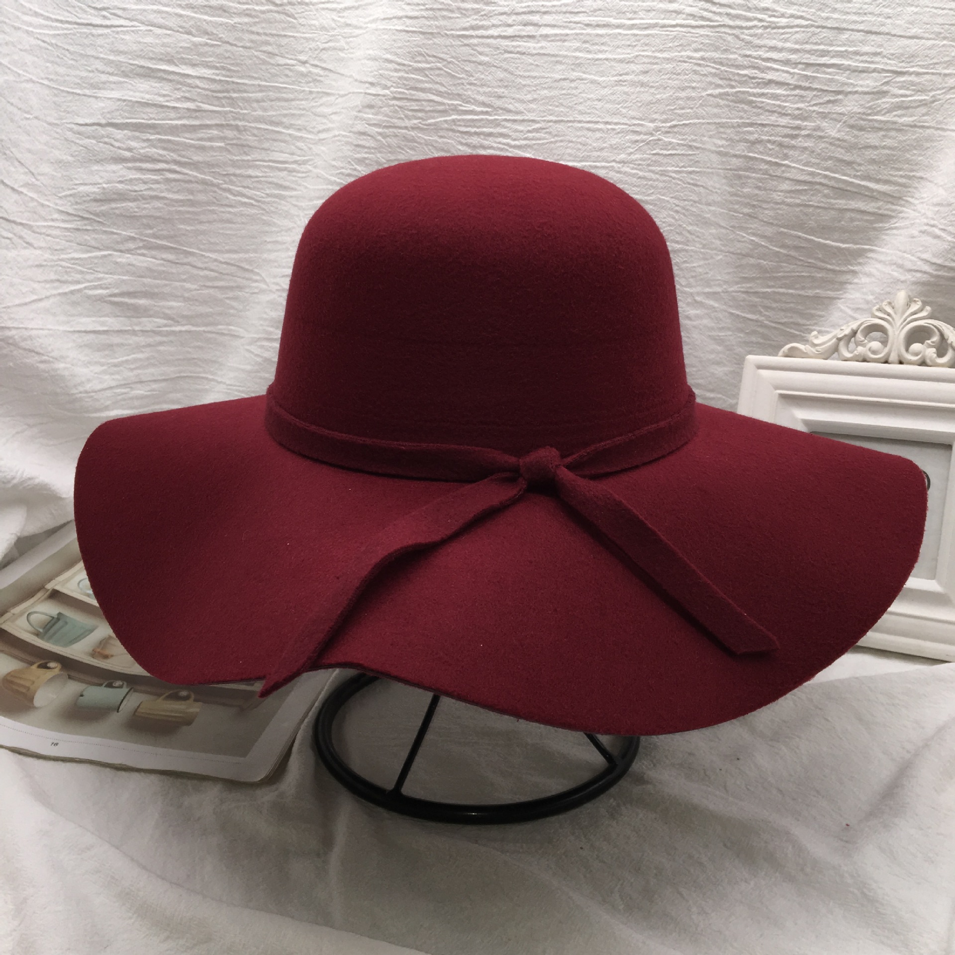 Black fisherman's hat for women, Korean autumn and winter versatile bow top hat for women, domed woolen wide-brimmed basin hat, retro style undefined