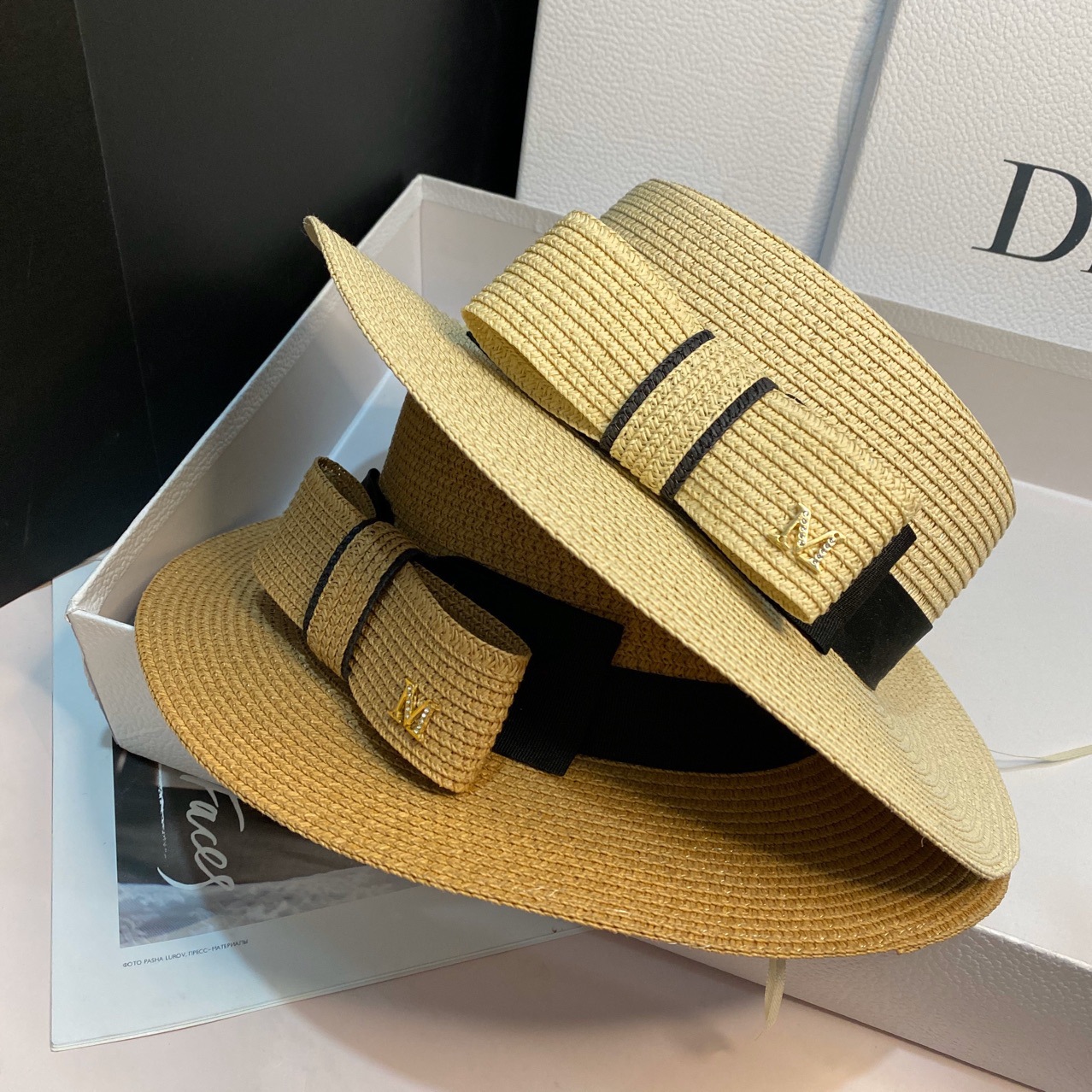 Japanese straw hat summer Dilraba style bow flat top sun hat, wide-brimmed sun hat for outings and sun protection