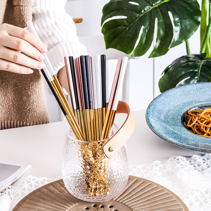 厂家批发 304不锈钢筷子方形镀金家用中式隔热公筷葡萄牙餐具