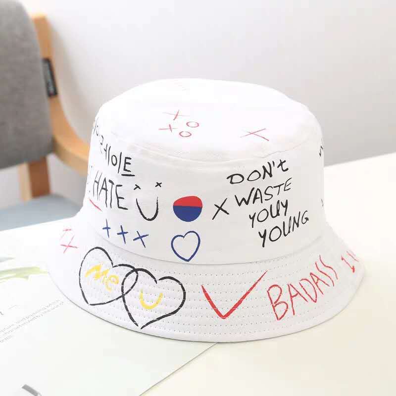 New casual sunshade fisherman hats, trendy and fashionable basin hats, men's and women's hats, personalized graffiti patterns, black and white Application Scenario
