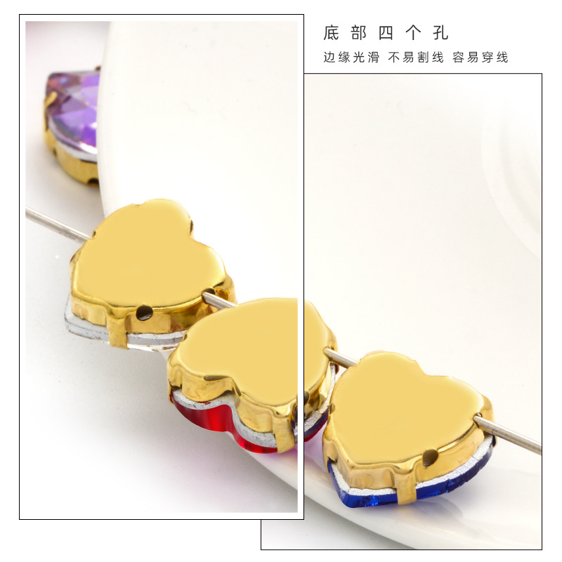 Factory wholesale of heart-shaped hand-sewn gold bottom claw diamonds, DIY wedding dress accessories, hand-sewn diamonds with holes, glass diamonds Application Scenario