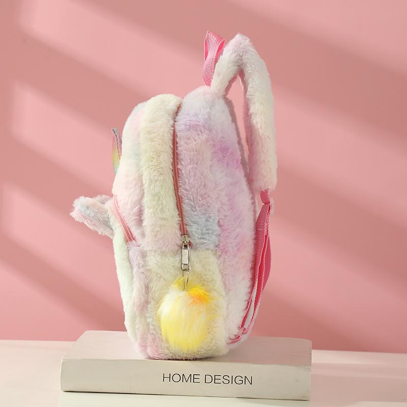 新款Unicorn独角兽彩色兔毛幻彩毛绒球双肩包儿童女孩学生书包细节图