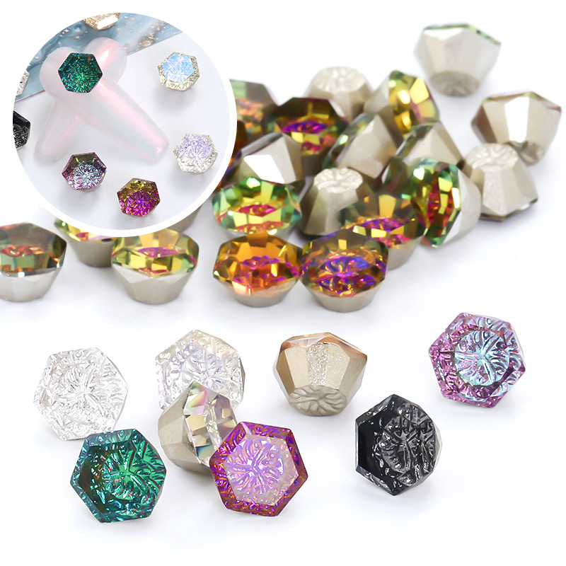 8mm embossed hexagonal pointed bottom irregular-shaped glass nail drill, diy nail drill accessory material