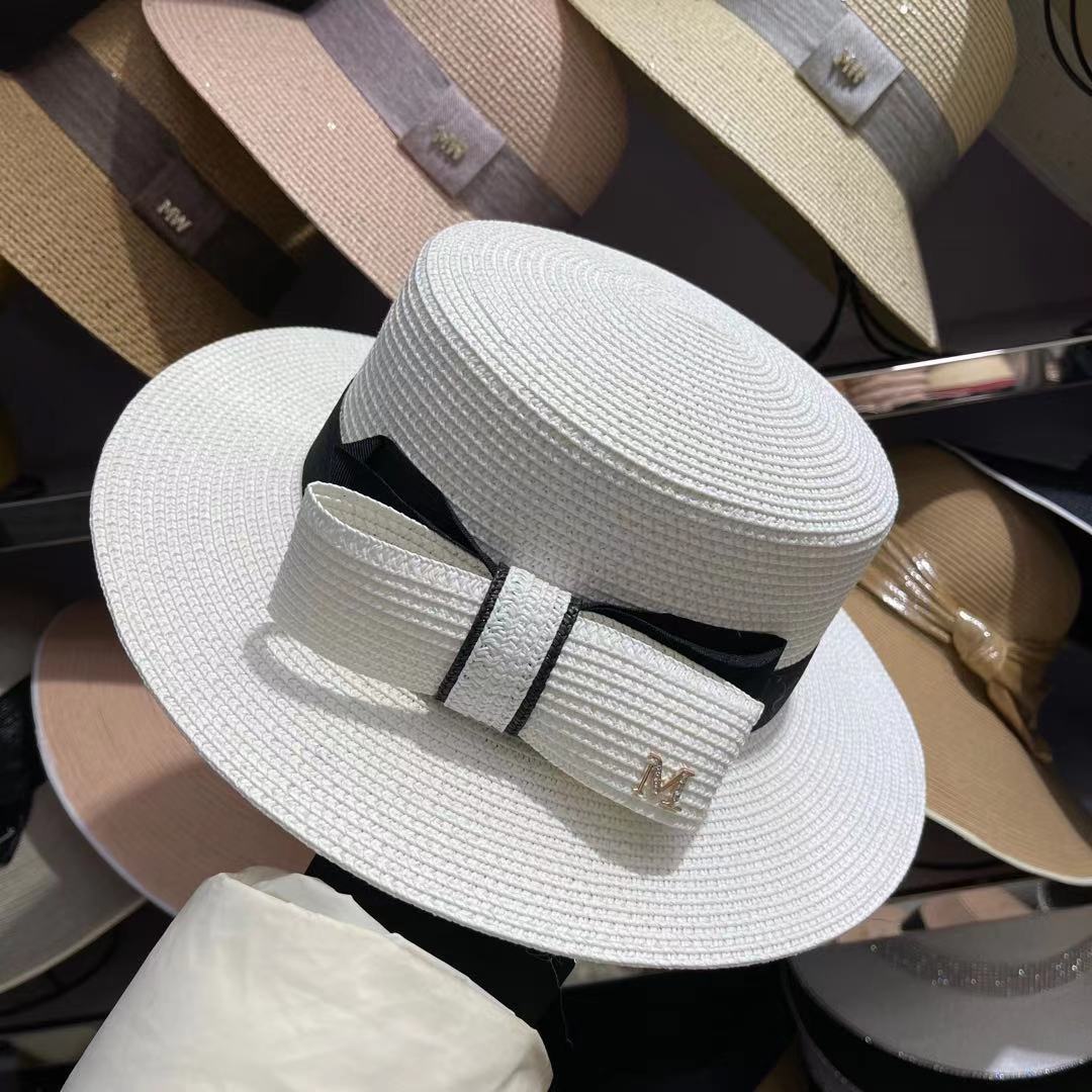 Japanese straw hat summer Dilraba style bow flat top sun hat, wide-brimmed sun hat for outings and sun protection undefined