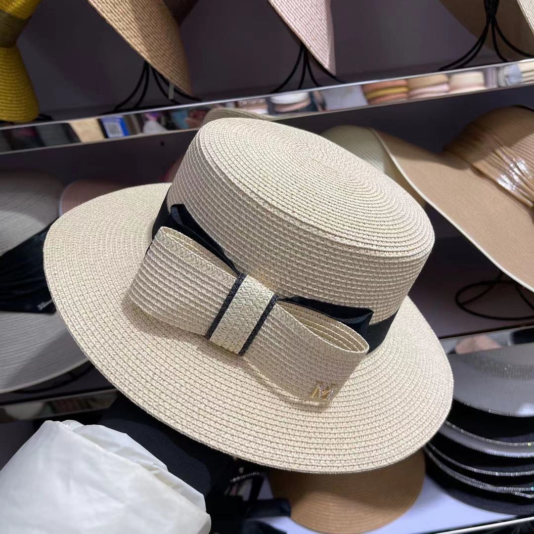 Japanese straw hat summer Dilraba style bow flat top sun hat, wide-brimmed sun hat for outings and sun protection undefined