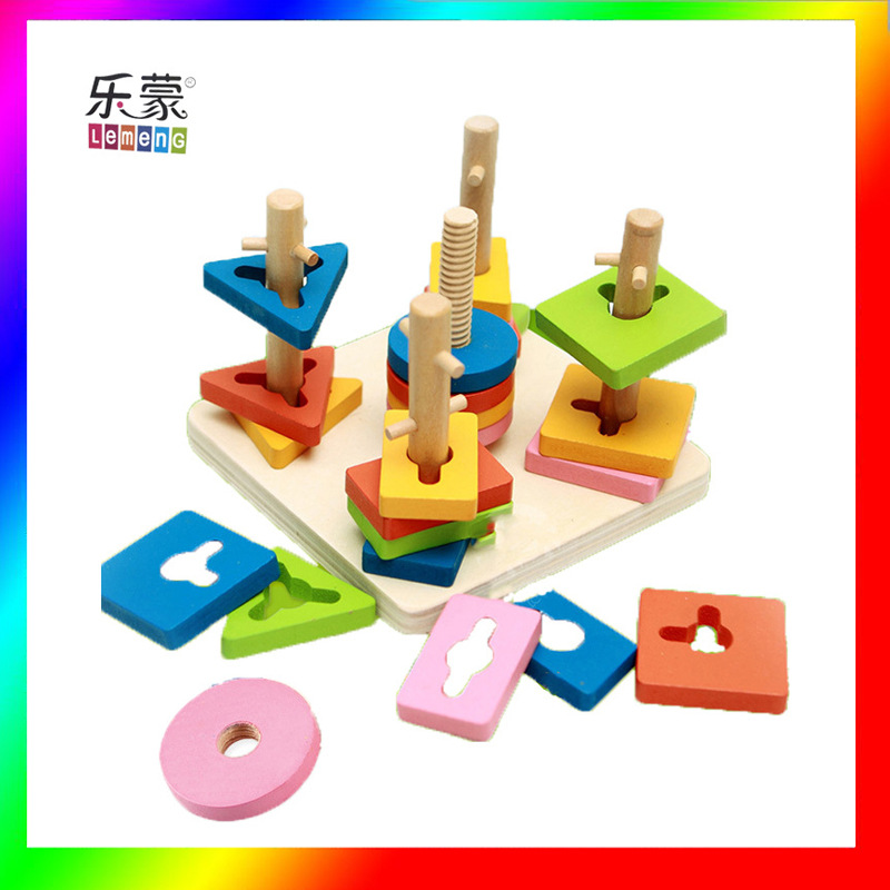 Geometric shape nested column three-dimensional assembly five-column cognitive matching building blocks for 3-year-old children, Montessori early education wooden toys