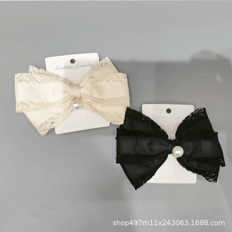 New Lace Double Bow Pearl One-Line Clip Hairpin Simple Fashion Net Red Ladies Hair Accessories Manufacturers Direct Supply