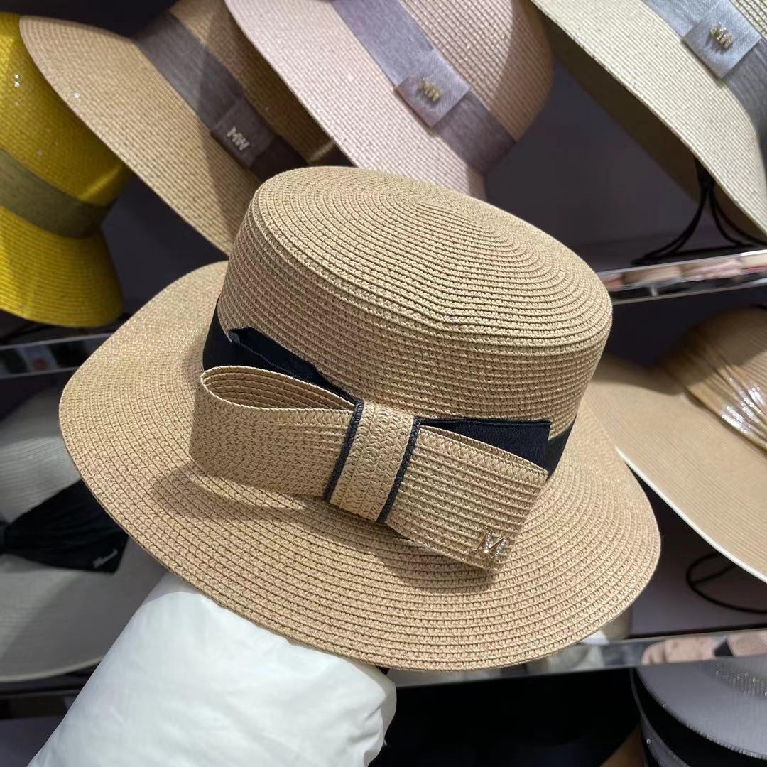 Japanese straw hat summer Dilraba style bow flat top sun hat, wide-brimmed sun hat for outings and sun protection undefined
