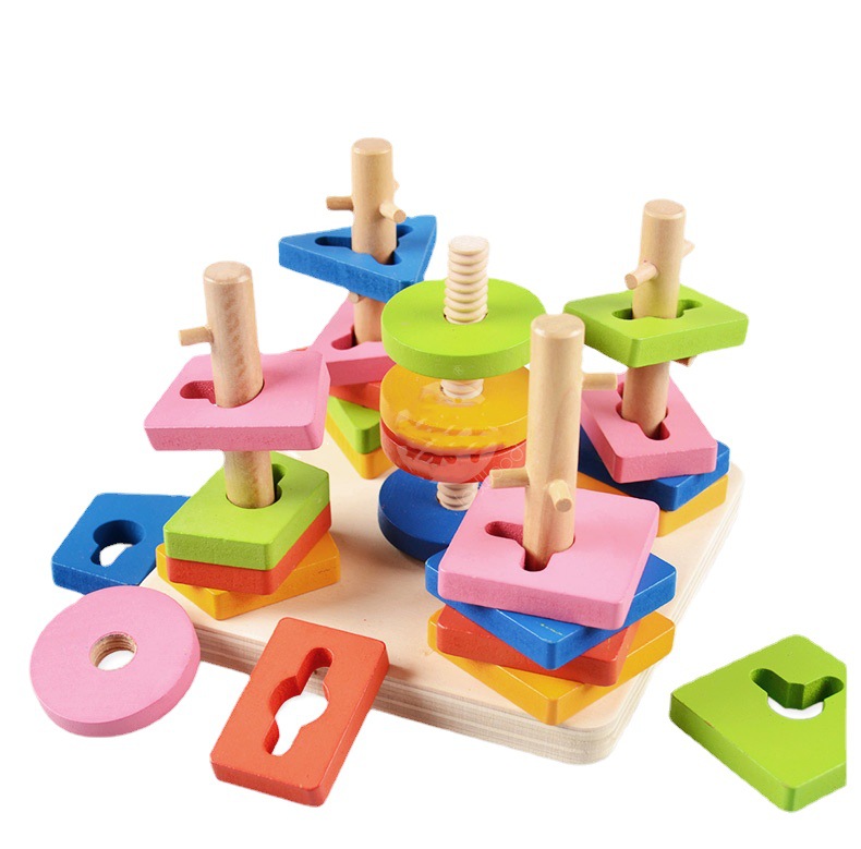 Geometric shape nested column three-dimensional assembly five-column cognitive matching building blocks for 3-year-old children, Montessori early education wooden toys Item Picture