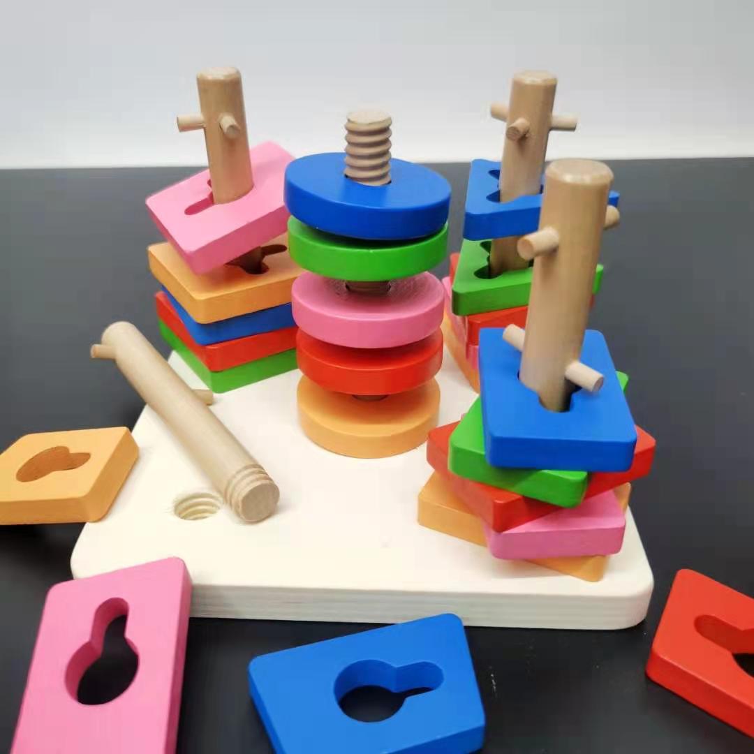 Geometric shape nested column three-dimensional assembly five-column cognitive matching building blocks for 3-year-old children, Montessori early education wooden toys Application Scenario