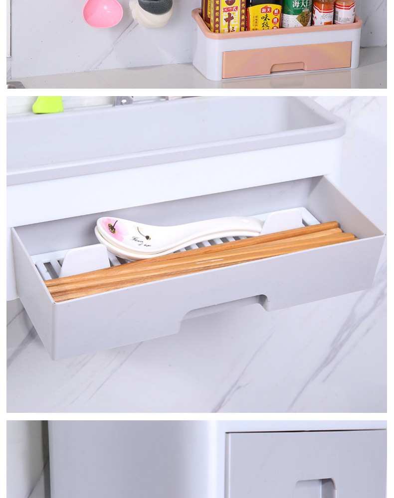 The manufacturer's hook-equipped multi-purpose storage rack is simple and nail-free kitchenware storage rack. The hook-equipped storage rack is dust-proof and easy to clean Specification image