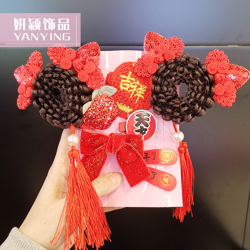 国潮儿童发饰丸子头发圈发夹礼盒套装中国风蝴蝶结头饰发卡