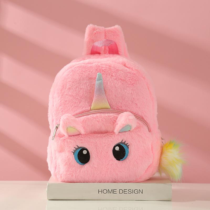 新款Unicorn独角兽彩色兔毛幻彩毛绒球双肩包儿童女孩学生书包详情图6
