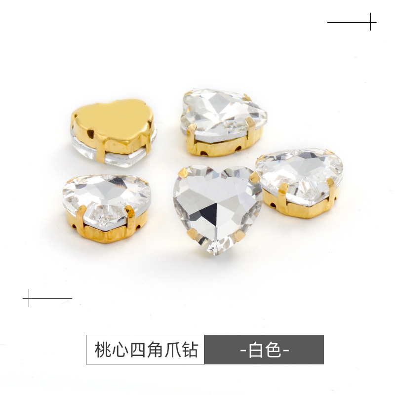 Factory wholesale of heart-shaped hand-sewn gold bottom claw diamonds, DIY wedding dress accessories, hand-sewn diamonds with holes, glass diamonds undefined