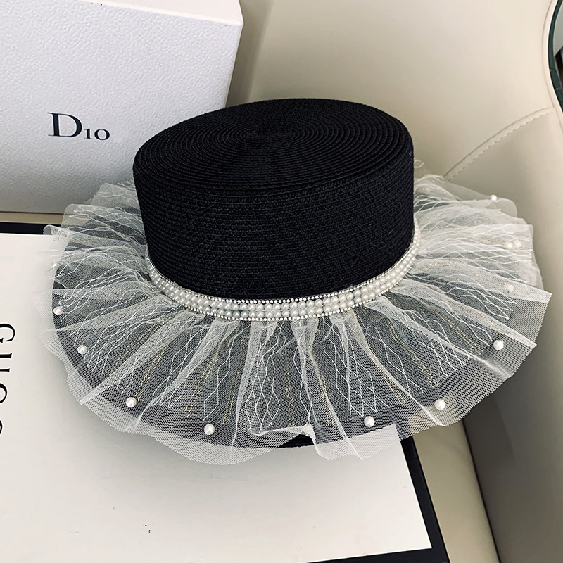 草帽女夏天遮阳帽网纱珍珠帽子出游海边防晒太阳帽百搭渔夫帽韩版