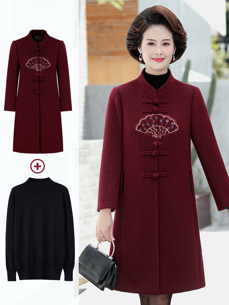 Middle-aged and elderly women's winter woolen coat, mid-length Chinese-style button-up, noble mother's spring and autumn woolen overcoat