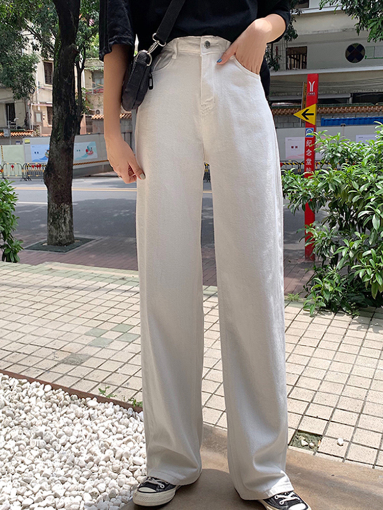 春秋薄款白色高腰宽松直筒拖地长裤女显瘦盐系牛仔阔腿裤粉色裤子