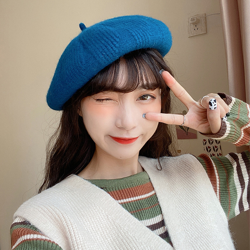 Vintage Corngrain Wool Beret For Women Autumn-Winter Warm Day Woolen Hat Solid Color British Painter's Hat