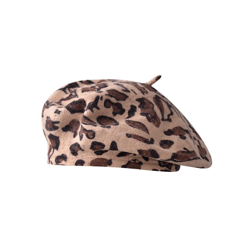 羊毛豹纹贝雷帽 女士冬季蘑菇帽 画家帽 小尾巴帽子批发