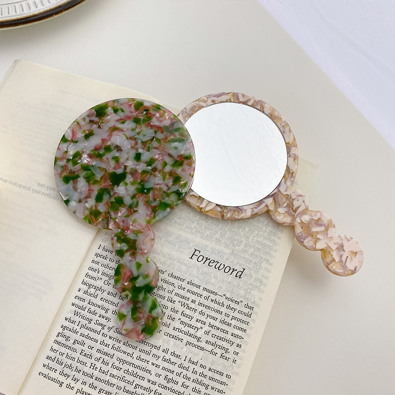 Duowei Accessories: Korean retro acetate board geometric mirror, portable small round mirror with handle, handheld makeup mirror Specification image