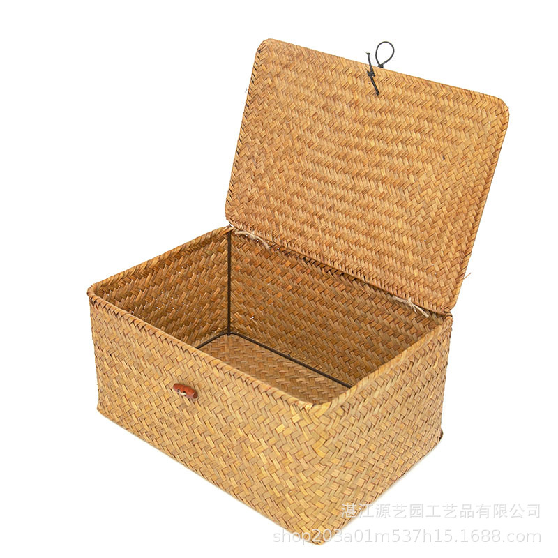 海草编织收纳盒手工编织篮伴手礼插花篮家居五件套带盖手提收纳篮白底实物图