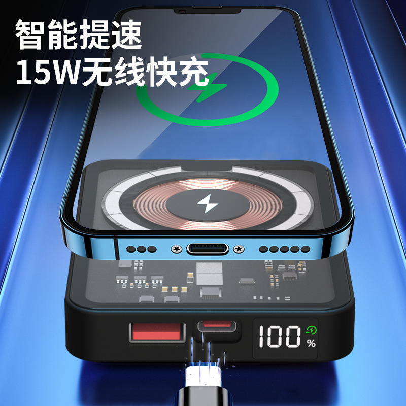 Transparent Magnetic Charging Bank Wireless Magsafe For Apple 15/14Promax/22W Fast Charge Ultra-Thin Portable Small 10000Ma Adsorption Large Capacity Mobile Electricity Application Scenario
