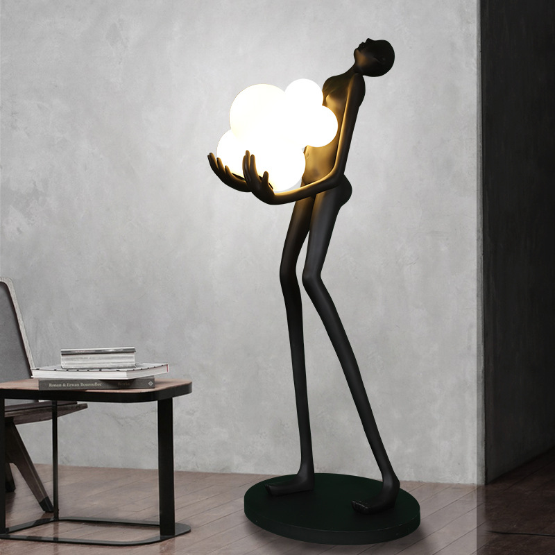 Modern Portrait Art Statue Holding Ball Floor Lamp Home Exhibition Hall Window Artwork Large Figure Decoration Lamps