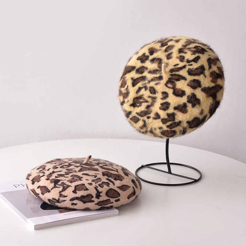 Autumn/Winter Women's Hats New Leopard Print Beret Wool Painter Hat Mushroom Hat Wholesale Specification drawing