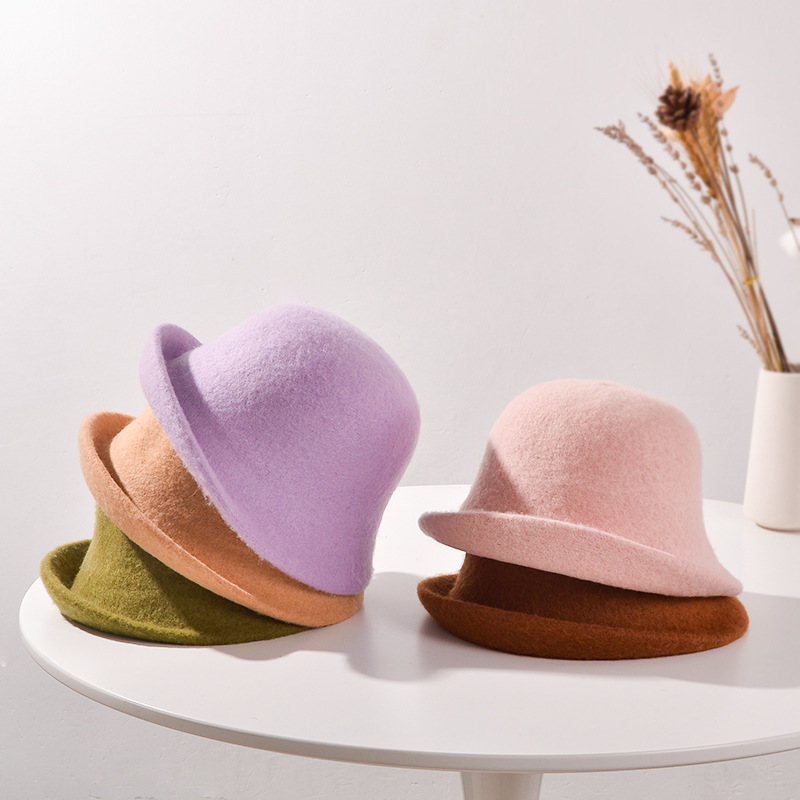 Aussie Wool Hat For Women Autumn-Winter Small Round Hat With Curled Edge Small Basin Hat Comfortable Wool Basin Hat