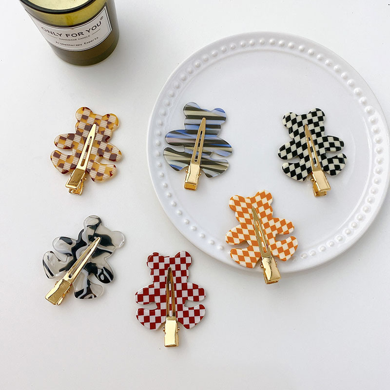 Dowei Accessories Korean version acetic acid hair clips, girl bear checkered seamless hair clips, bangs by the sea, broken hair clips