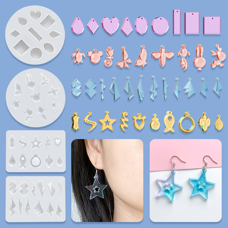跨境几何镜面耳环水晶滴胶模具 diy耳饰吊坠饰品石膏树脂硅胶模具细节图