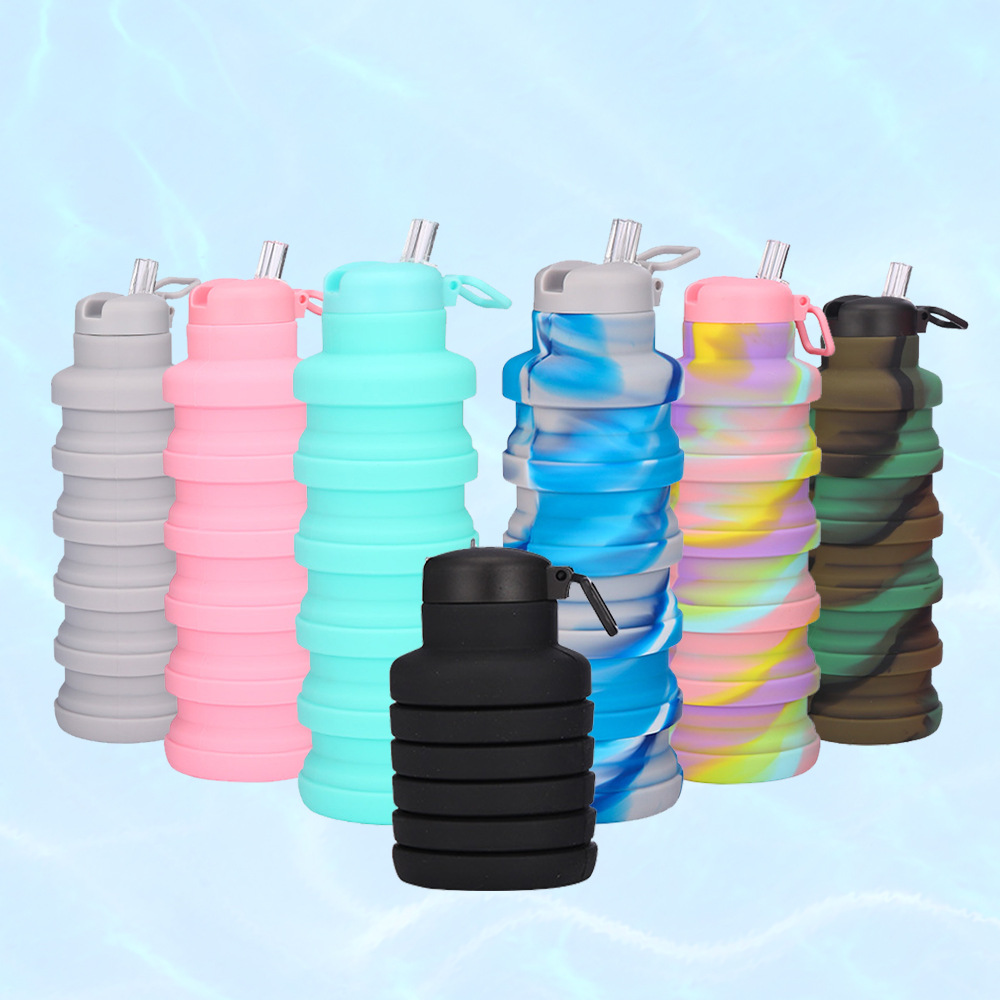 迷彩/纯色500ml创意硅胶水壶 吸嘴盖便携式水瓶 户外折叠运动水壶