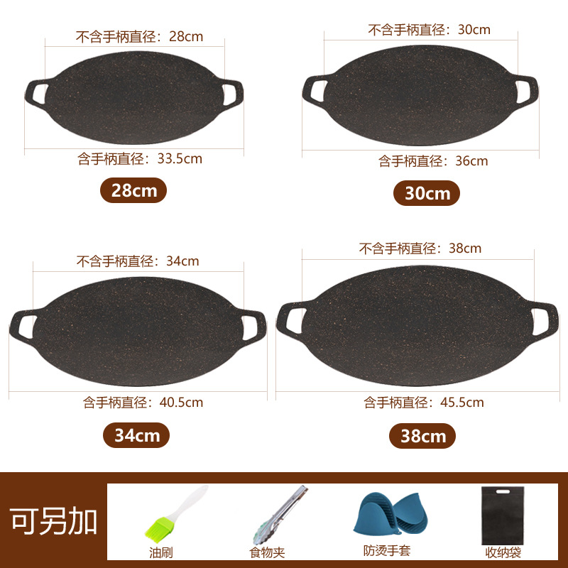 Outdoor camping home barbecue plate, Korean-style grilling plate, round portable and universal egg frying plate, iron plate double-ear barbecue plate Application Scenario