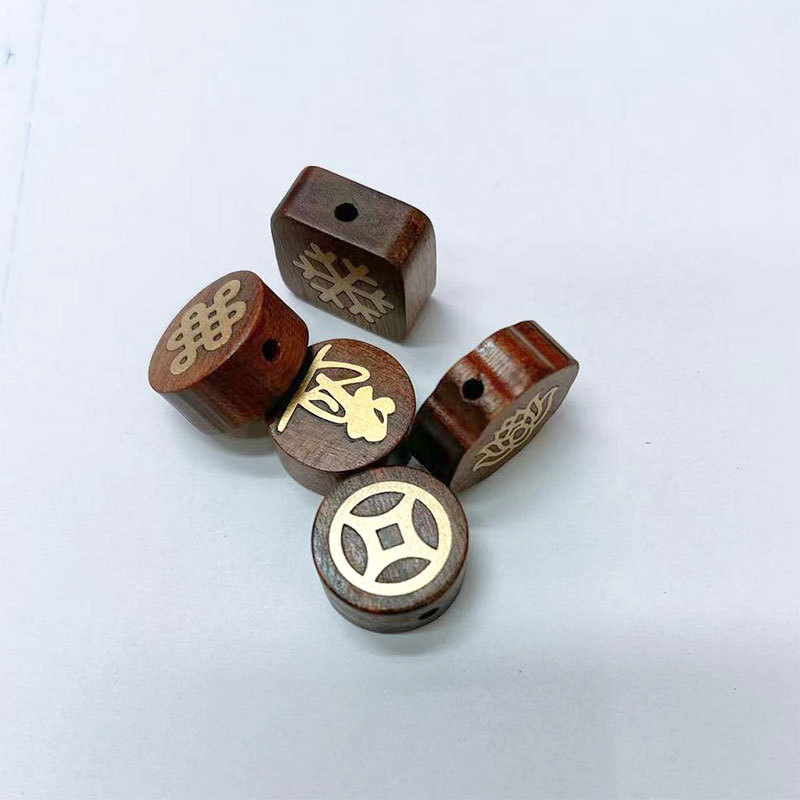 Ebony keychain, rosewood inlaid with brass wire, auspicious cloud lotus, "Fu" character, ebony filigold diy keychain accessory details Picture