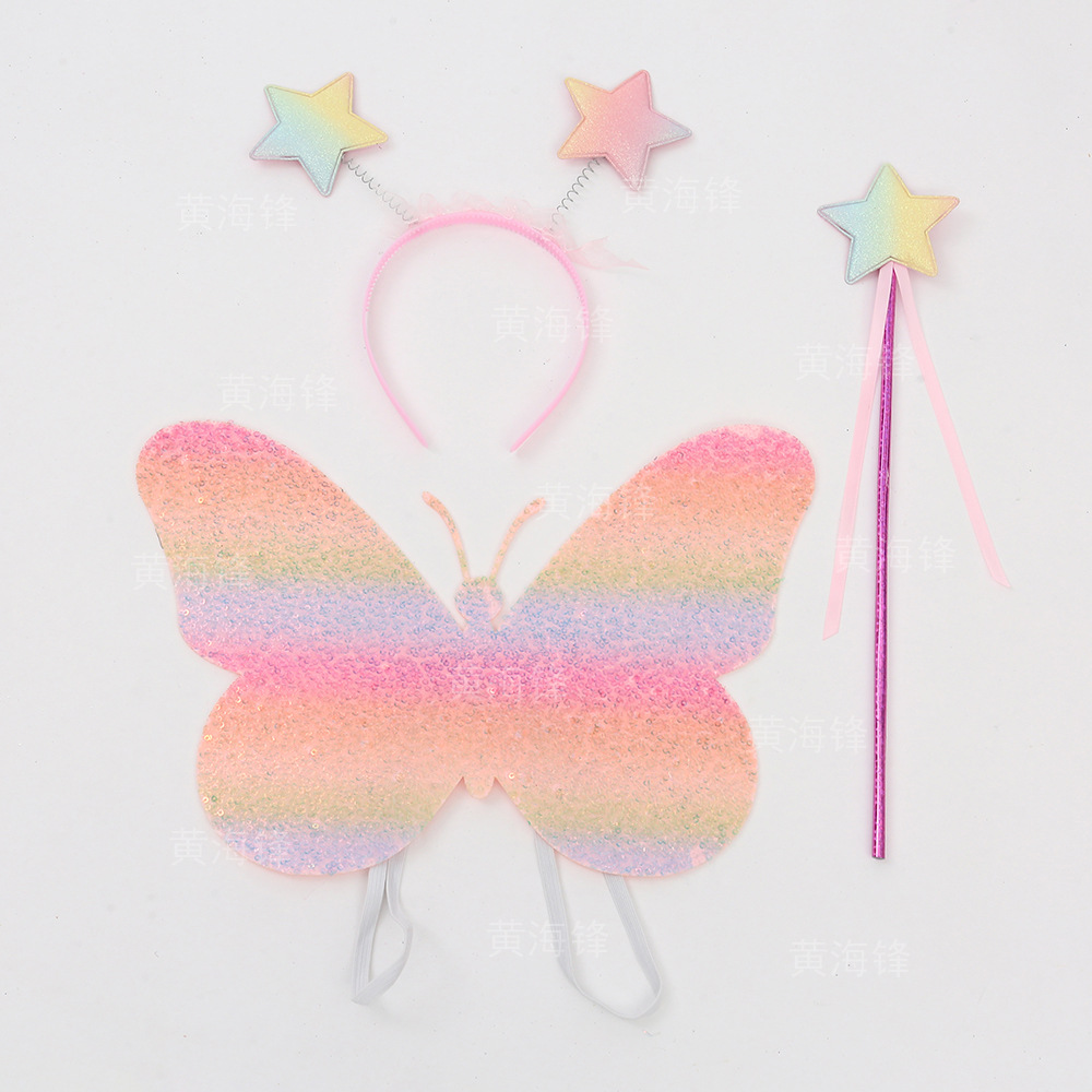 Little Girl Costume Set Children's Butterfly Wings Back Adornment Fairy Rod Star Hair Adornment Three-Piece Set Specification drawing