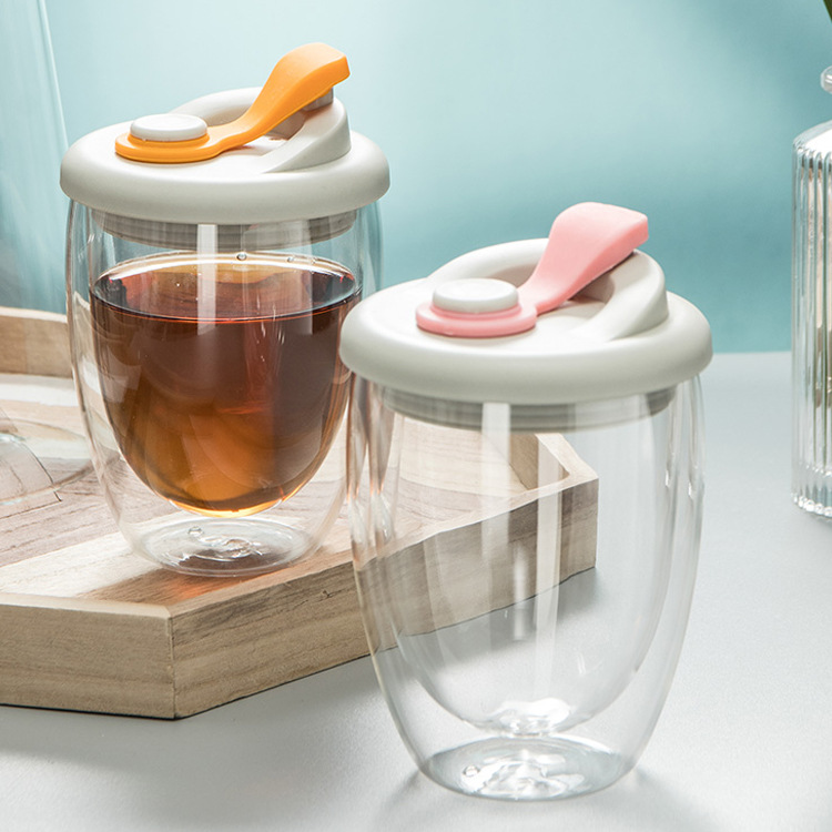 Double-layer transparent glass egg-shaped cups with silicone LIDS, juice and milk cups, heat-insulating transparent glass coffee cups, drinking cups