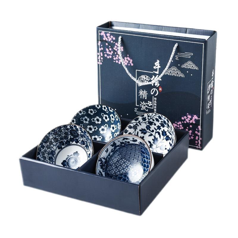 Japanese-style bowl and chopstick set, creative and practical gift, hand-painted blue and white porcelain bowl, ceramic tableware set, gift box, printed logo Item Picture