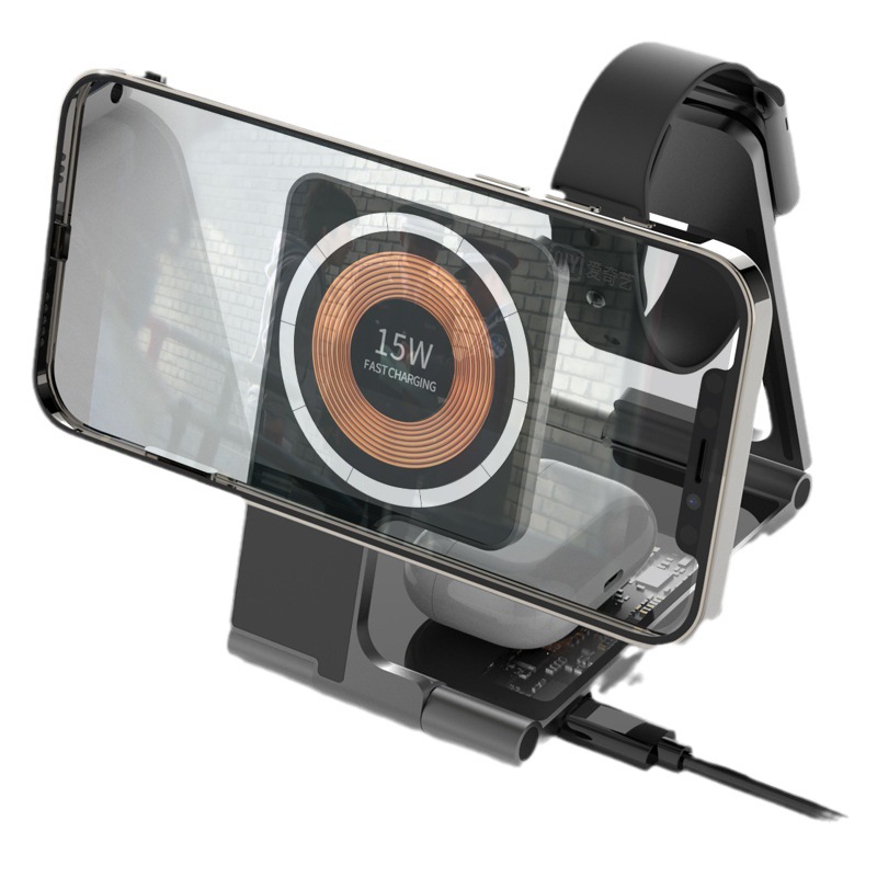 The New Cross-Border Magnetic Wireless Charger Applies To Apple Magsafe Metal Stand 4-In-1 Wireless Fast Charging Mobile Phone Charger Application Scenario