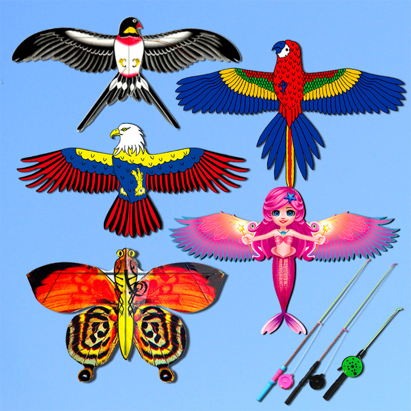 潍坊鸿运风筝卡通儿童风筝微型塑料玩具鱼竿动态鹦鹉老鹰燕子风筝