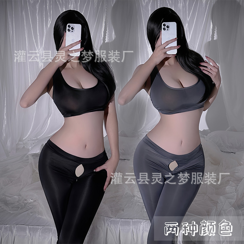 Sexy Underwear Sexy Ice Silk Zipper Open File Yoga Clothes Sexy Stockings Uniform Set A Hair 1152 details Picture