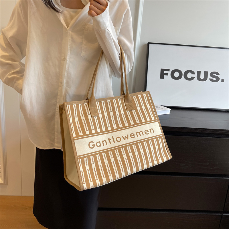 Canvas bag women's large capacity 2024 new spring all-match striped shoulder bag cloth bag class commuting Tote bag Specification drawing