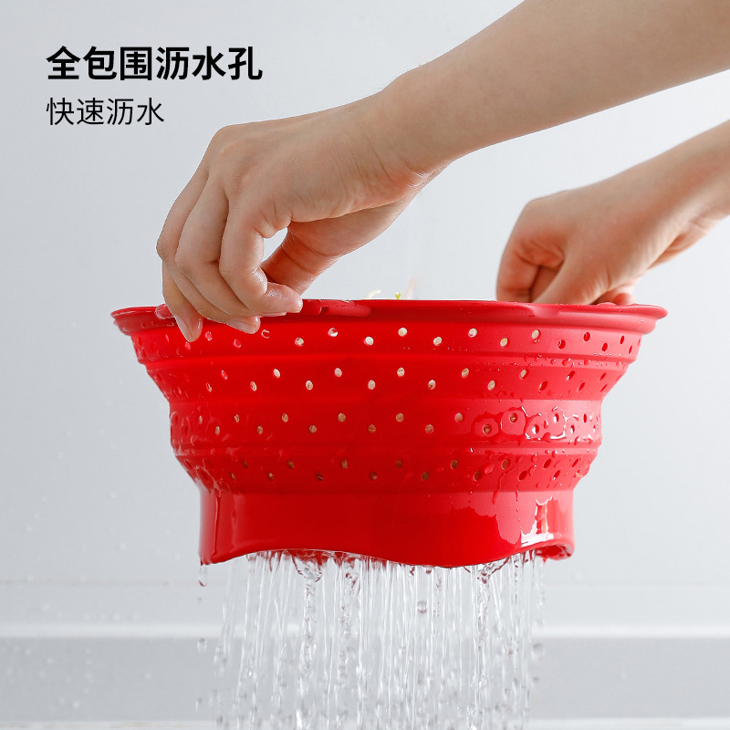 霜山硅胶沥水篮厨房洗水果洗菜篮花形可折叠悬挂果篮漏盆洗菜盆产品图