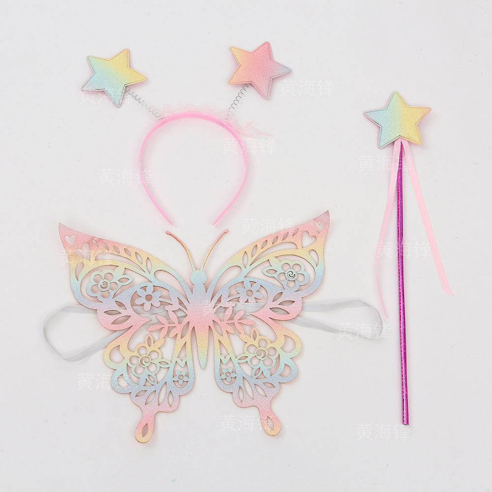 Little Girl Costume Set Children's Butterfly Wings Back Adornment Fairy Rod Star Hair Adornment Three-Piece Set details Picture